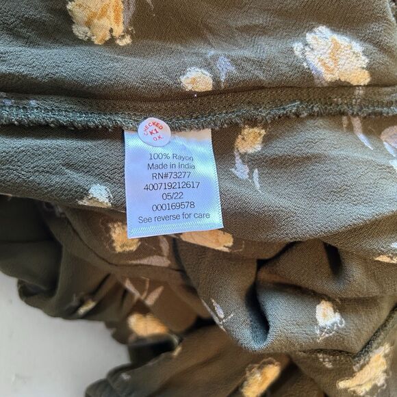 SO Side-Tie Faux-Wrap Ruffle Olive Green Floral V-Neck Long Sleeves Dress Large - Picture 6 of 7